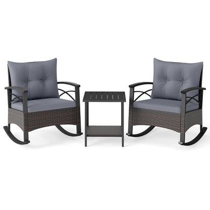 3 Piece Rocking Bistro Set PE Rattan Rocker Chairs with Acacia Wood Top Table, Gray