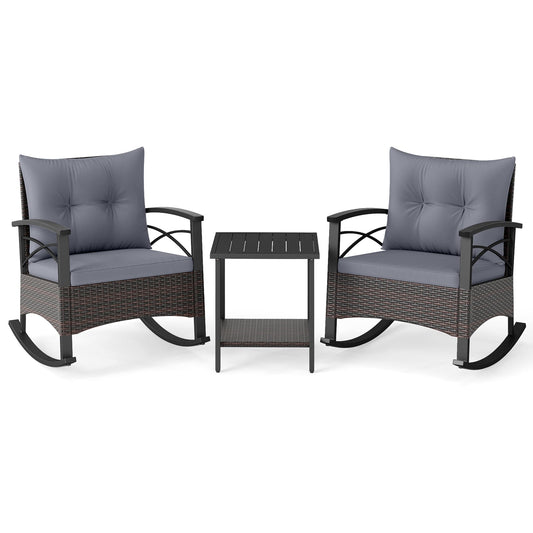3 Piece Rocking Bistro Set PE Rattan Rocker Chairs with Acacia Wood Top Table, Gray