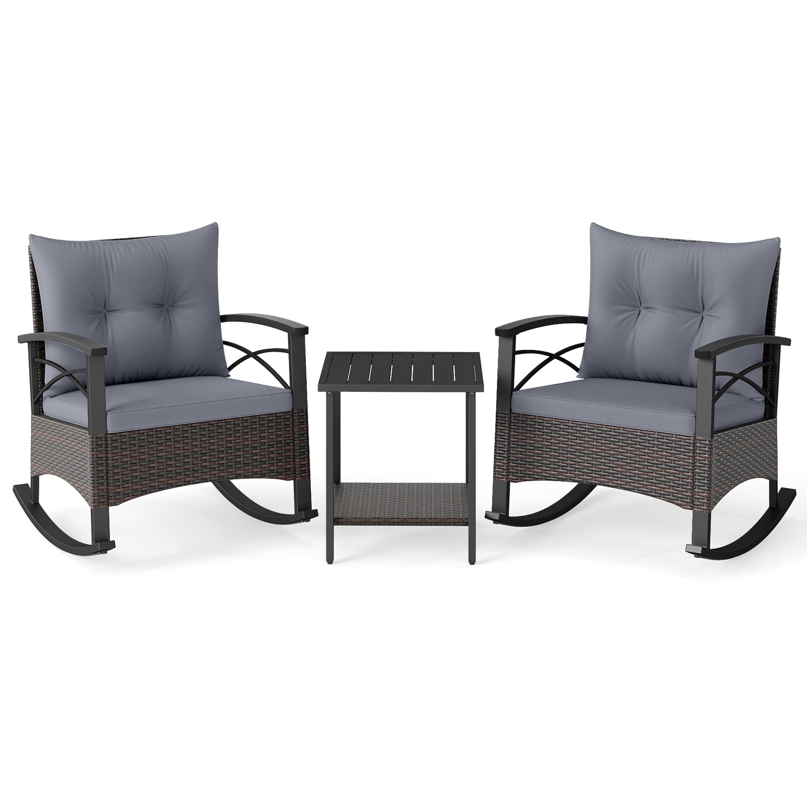 3 Piece Rocking Bistro Set PE Rattan Rocker Chairs with Acacia Wood Top Table, Gray Patio Conversation Sets at Gallery Canada
