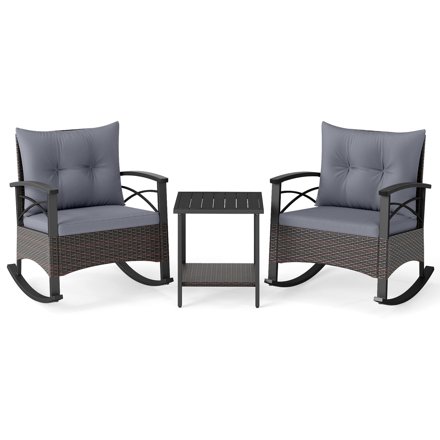 3 Piece Rocking Bistro Set PE Rattan Rocker Chairs with Acacia Wood Top Table, Gray Patio Conversation Sets at Gallery Canada