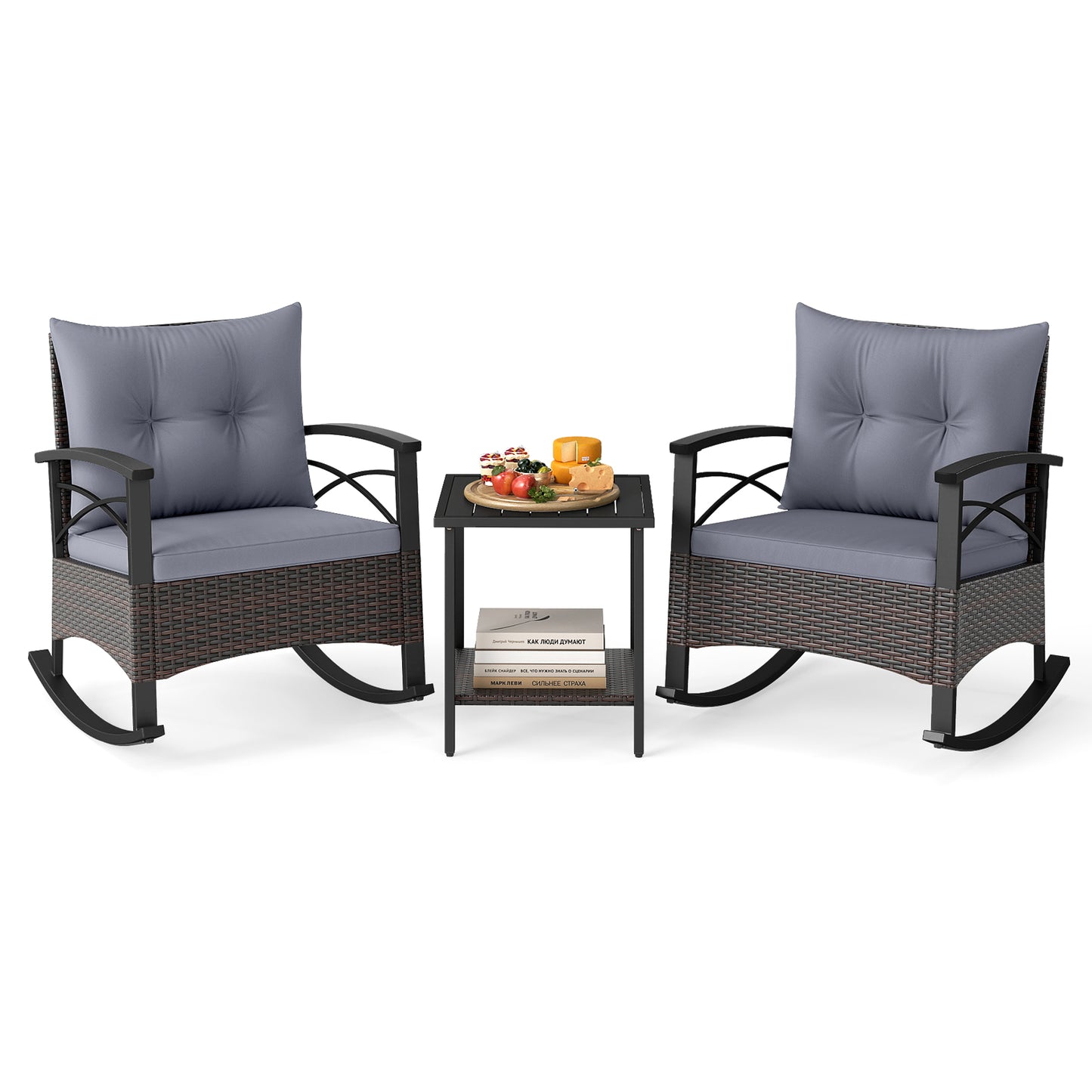 3 Piece Rocking Bistro Set PE Rattan Rocker Chairs with Acacia Wood Top Table, Gray