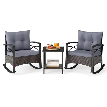 3 Piece Rocking Bistro Set PE Rattan Rocker Chairs with Acacia Wood Top Table, Gray