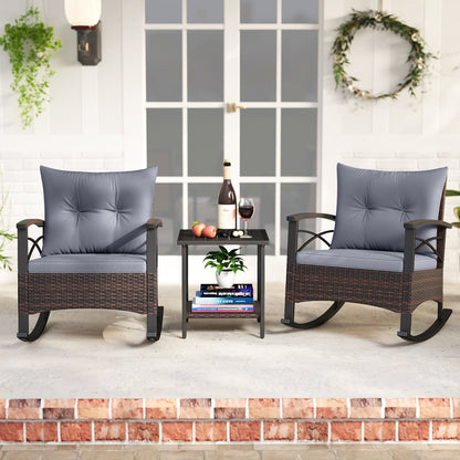3 Piece Rocking Bistro Set PE Rattan Rocker Chairs with Acacia Wood Top Table, Gray
