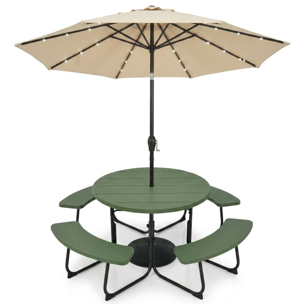 3-Piece Round Picnic Set with 10FT Solar LED Umbrella, Base Picnic Tables Green at Gallery Canada