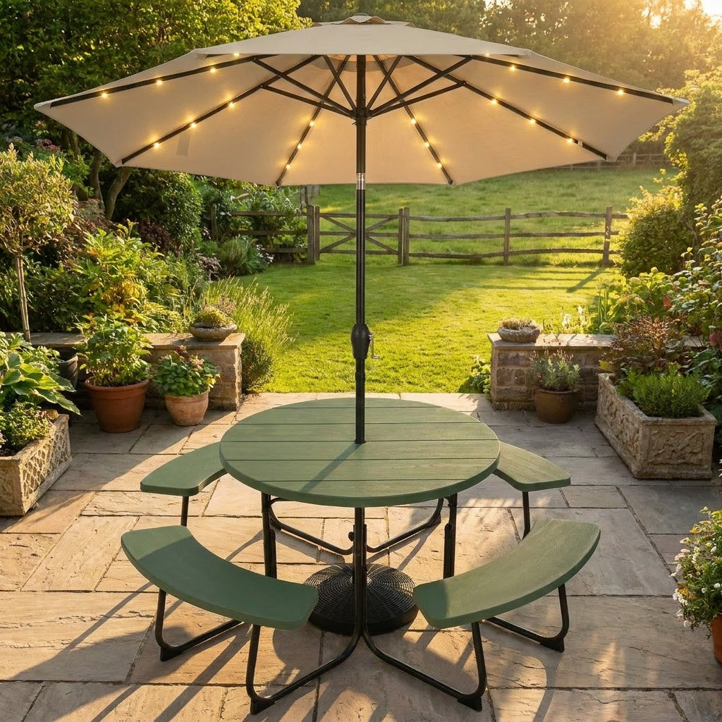 3-Piece Round Picnic Set with 10FT Solar LED Umbrella, Base Picnic Tables at Gallery Canada