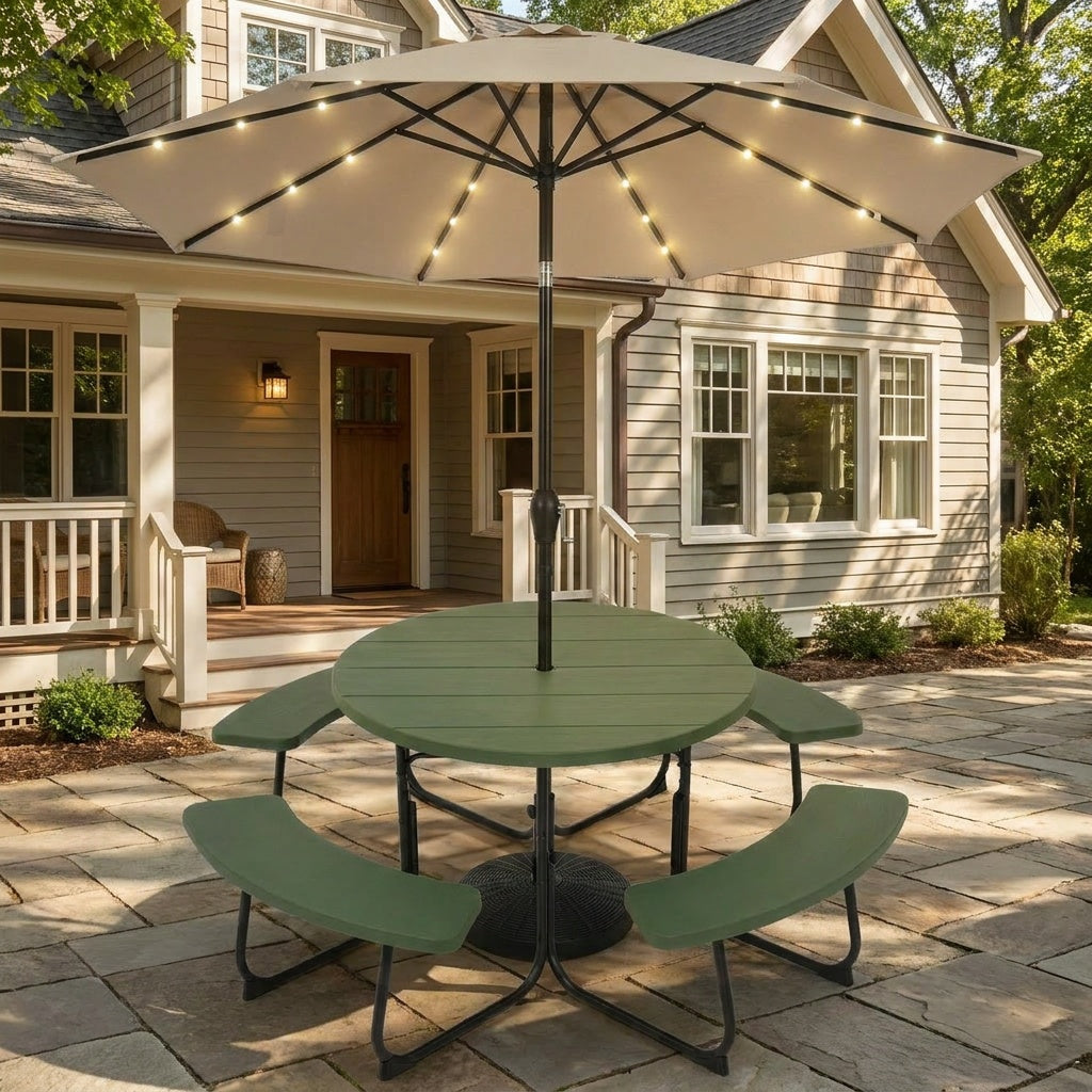 3-Piece Round Picnic Set with 10FT Solar LED Umbrella, Base Picnic Tables at Gallery Canada