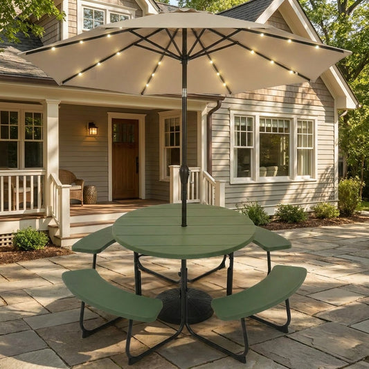 3-Piece Round Picnic Set with 10FT Solar LED Umbrella, Base Picnic Tables Green at Gallery Canada