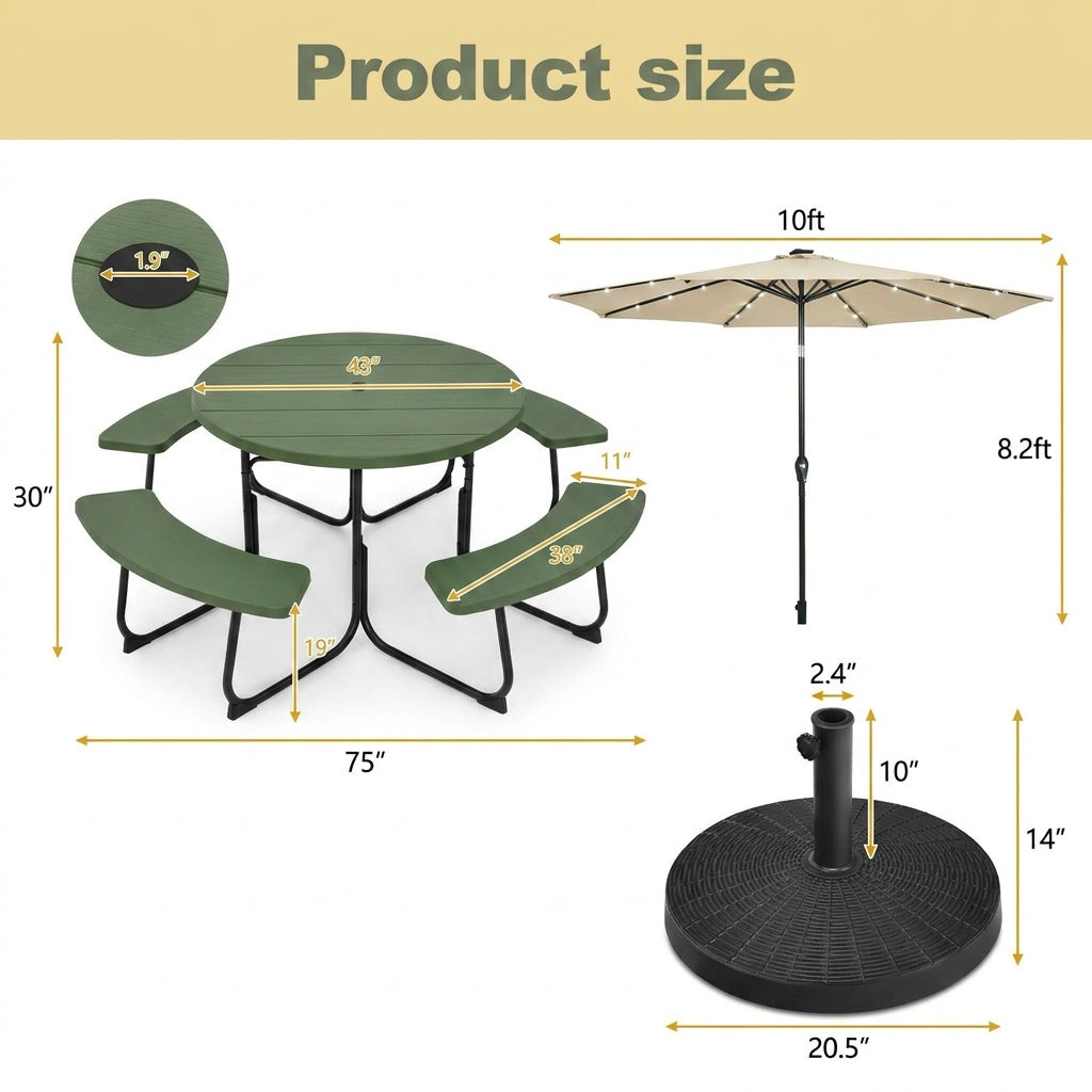 3-Piece Round Picnic Set with 10FT Solar LED Umbrella, Base Picnic Tables at Gallery Canada
