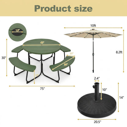 3-Piece Round Picnic Set with 10FT Solar LED Umbrella, Base Picnic Tables at Gallery Canada