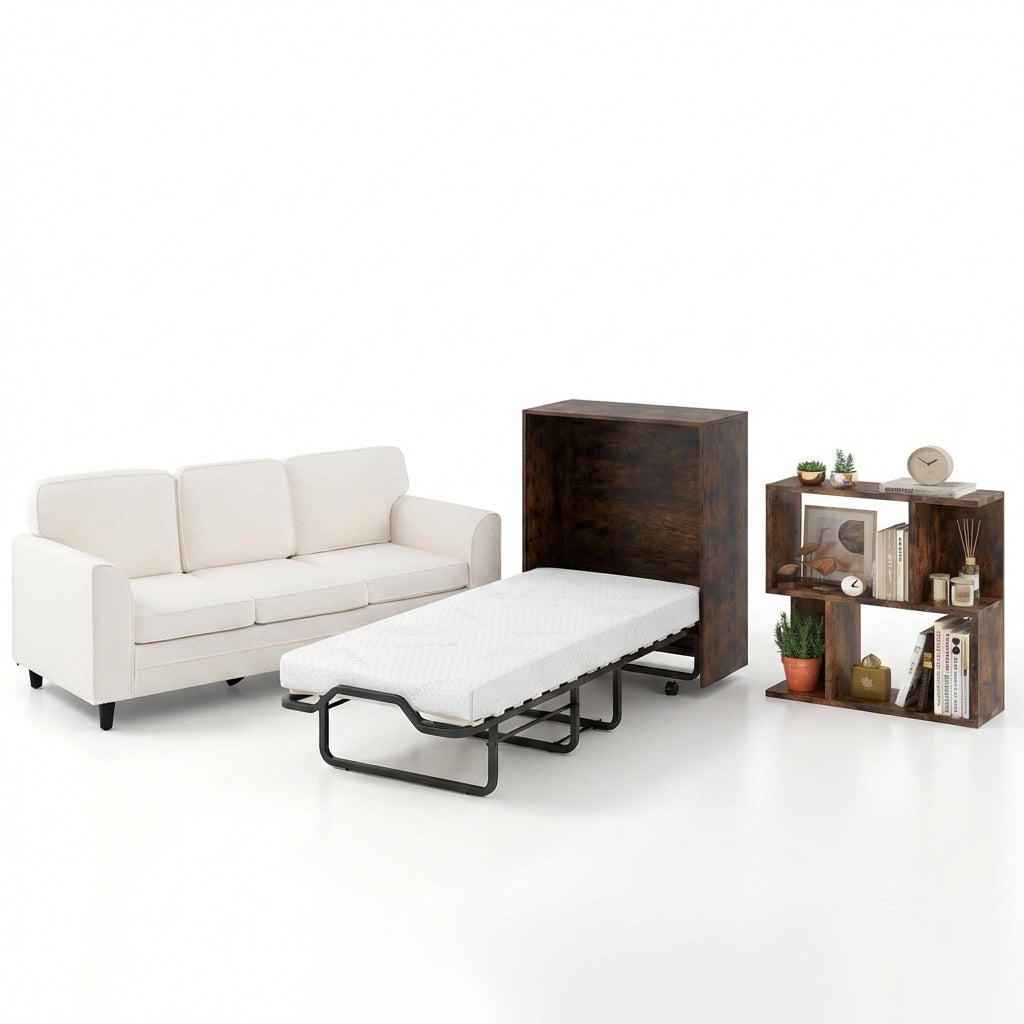 3-Piece Living Room Set, Teddy Sofa, Bookshelf, Foldable Murphy Bed Folding Beds at Gallery Canada