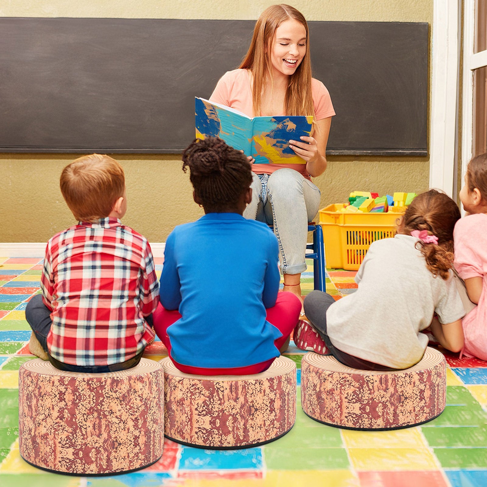 3-Piece Tree Stump Stool Set with Wood Printing Nature Decoration, Dark Walnut Kids Table & Chair Sets at Gallery Canada