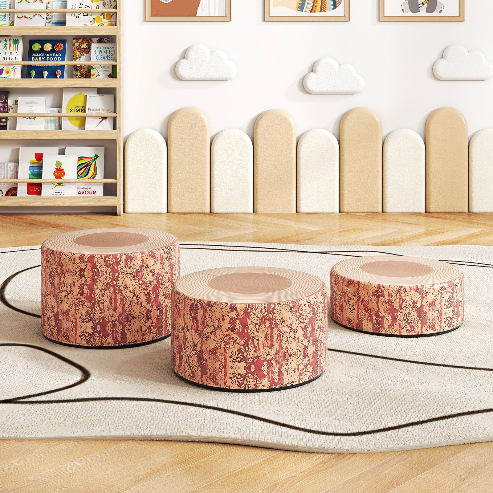 3-Piece Tree Stump Stool Set with Wood Printing Nature Decoration, Dark Walnut Kids Table & Chair Sets at Gallery Canada