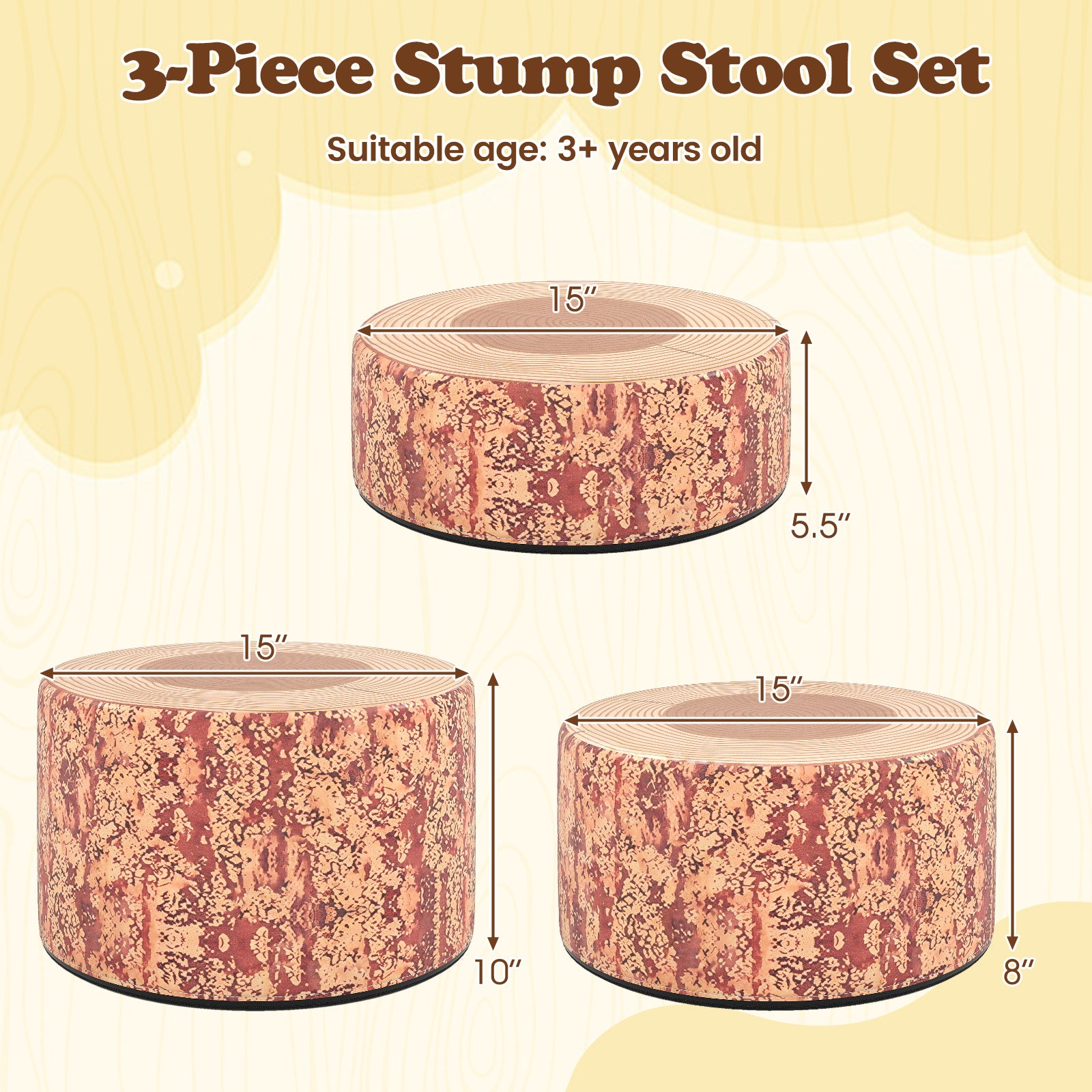 3-Piece Tree Stump Stool Set with Wood Printing Nature Decoration, Dark Walnut Kids Table & Chair Sets at Gallery Canada