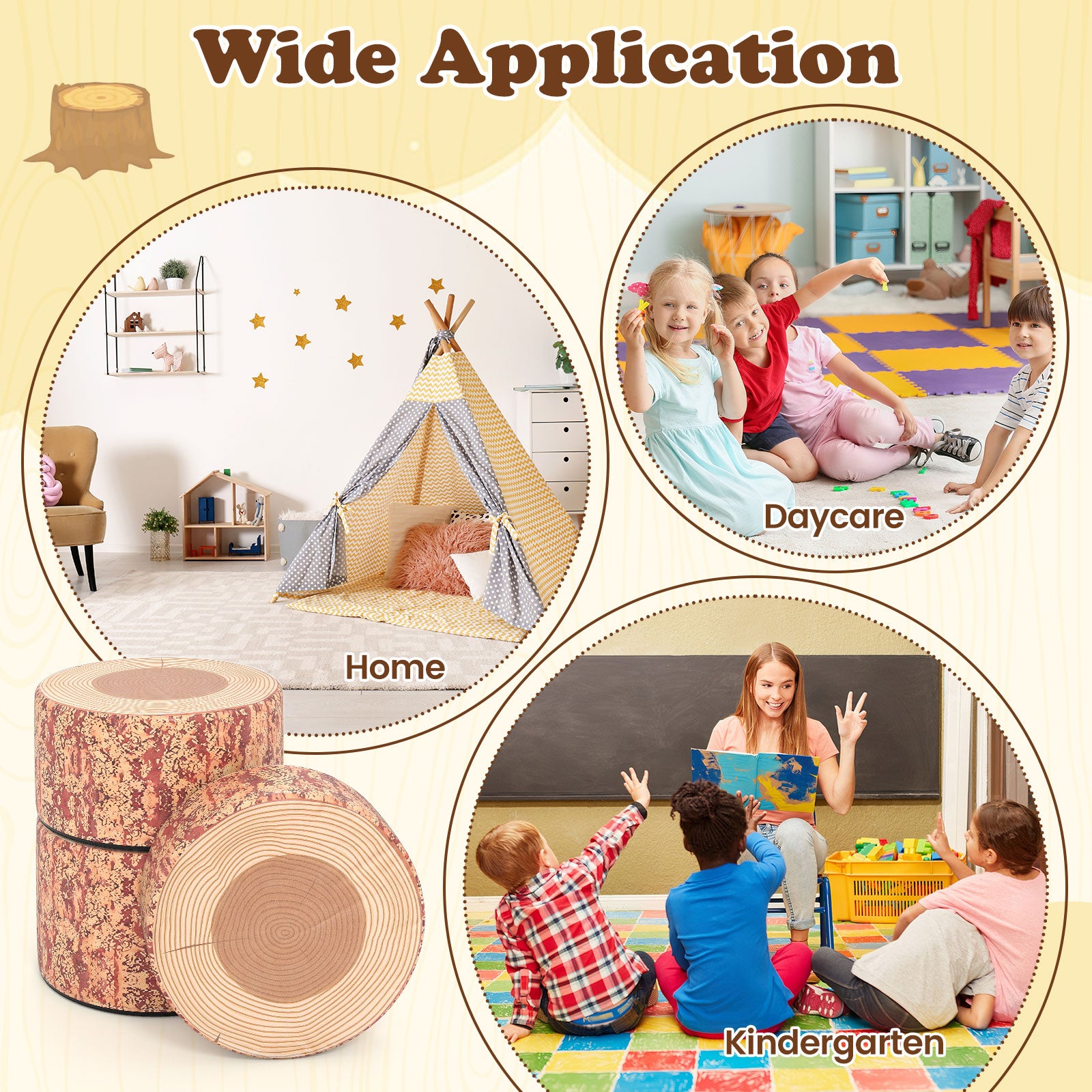 3-Piece Tree Stump Stool Set with Wood Printing Nature Decoration, Dark Walnut Kids Table & Chair Sets at Gallery Canada