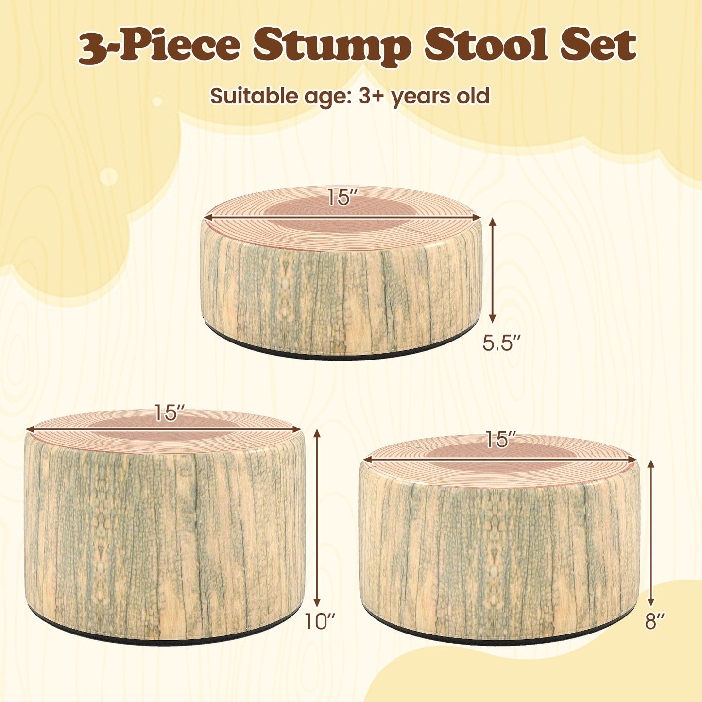 3-Piece Tree Stump Stool Set with Wood Printing Nature Decoration, Natural Kids Table & Chair Sets at Gallery Canada