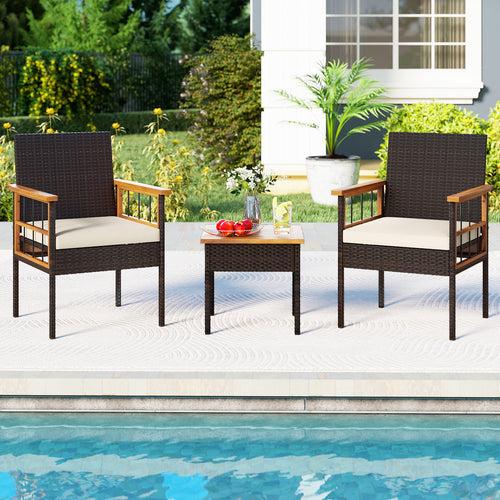 3 Piece Wicker Furniture Set, Acacia Wood Tabletop, White