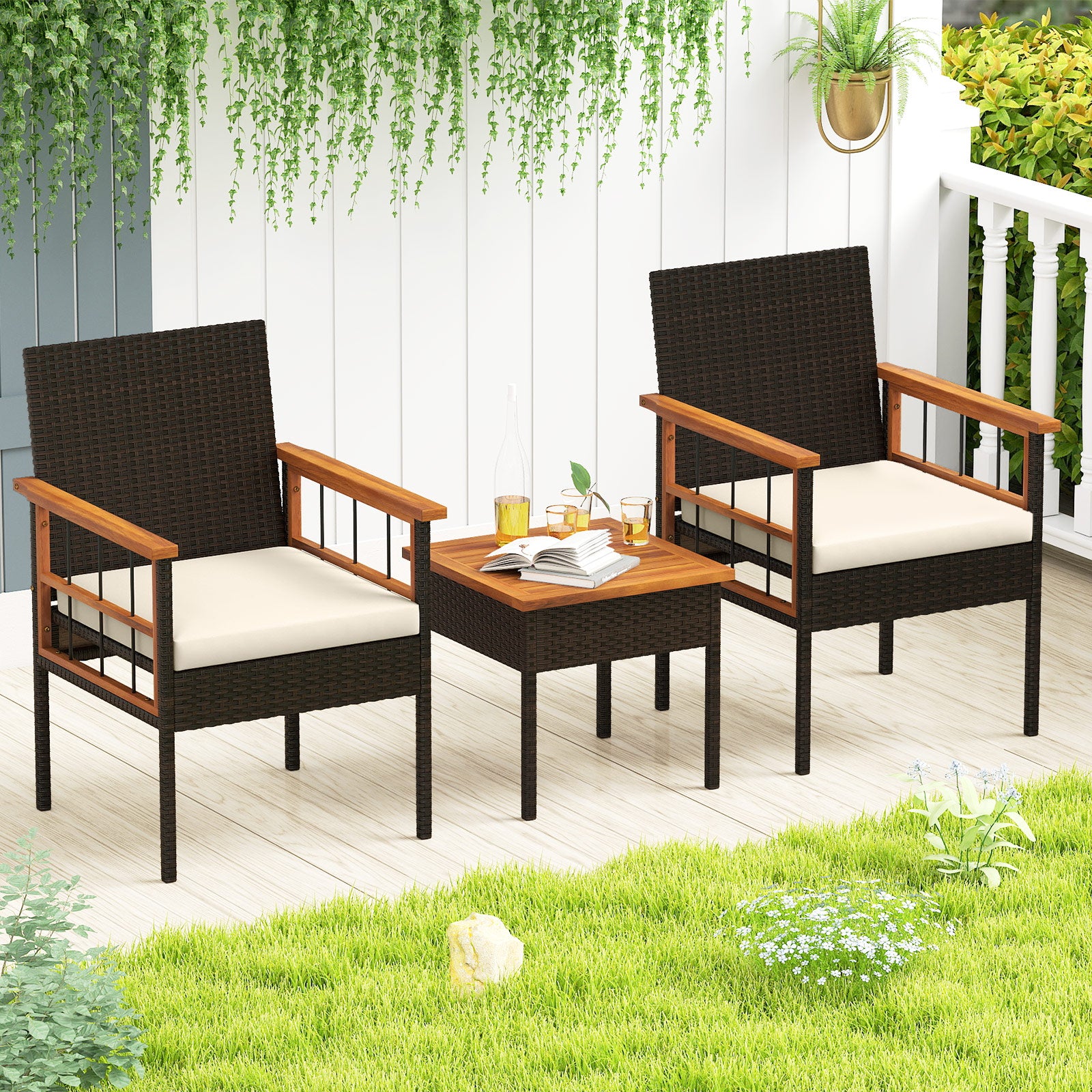 3 Piece Wicker Furniture Set, Acacia Wood Tabletop, White Patio Conversation Sets at Gallery Canada