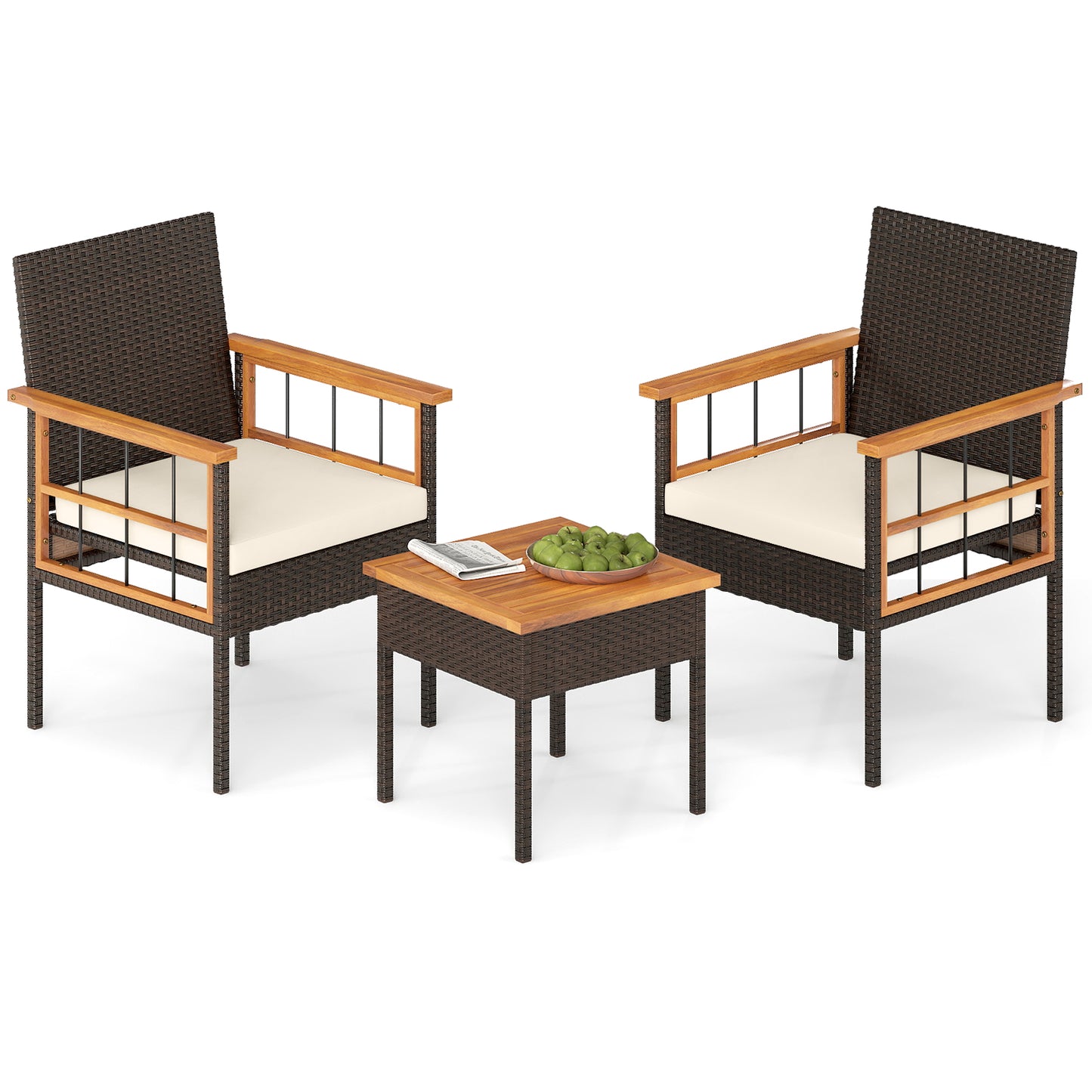 3 Piece Wicker Furniture Set, Acacia Wood Tabletop, White Patio Conversation Sets White at Gallery Canada