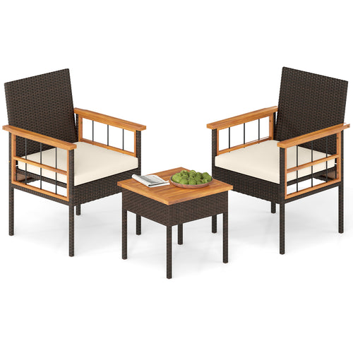 3 Piece Wicker Furniture Set, Acacia Wood Tabletop, White