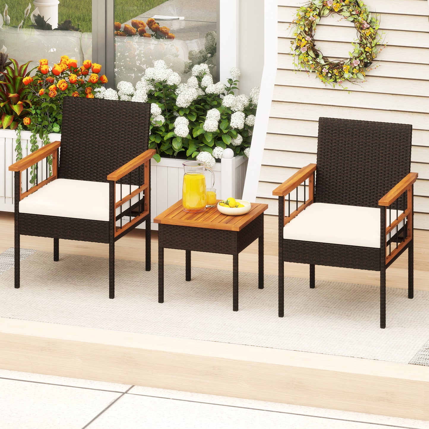 3 Piece Wicker Furniture Set, Acacia Wood Tabletop, White Patio Conversation Sets at Gallery Canada