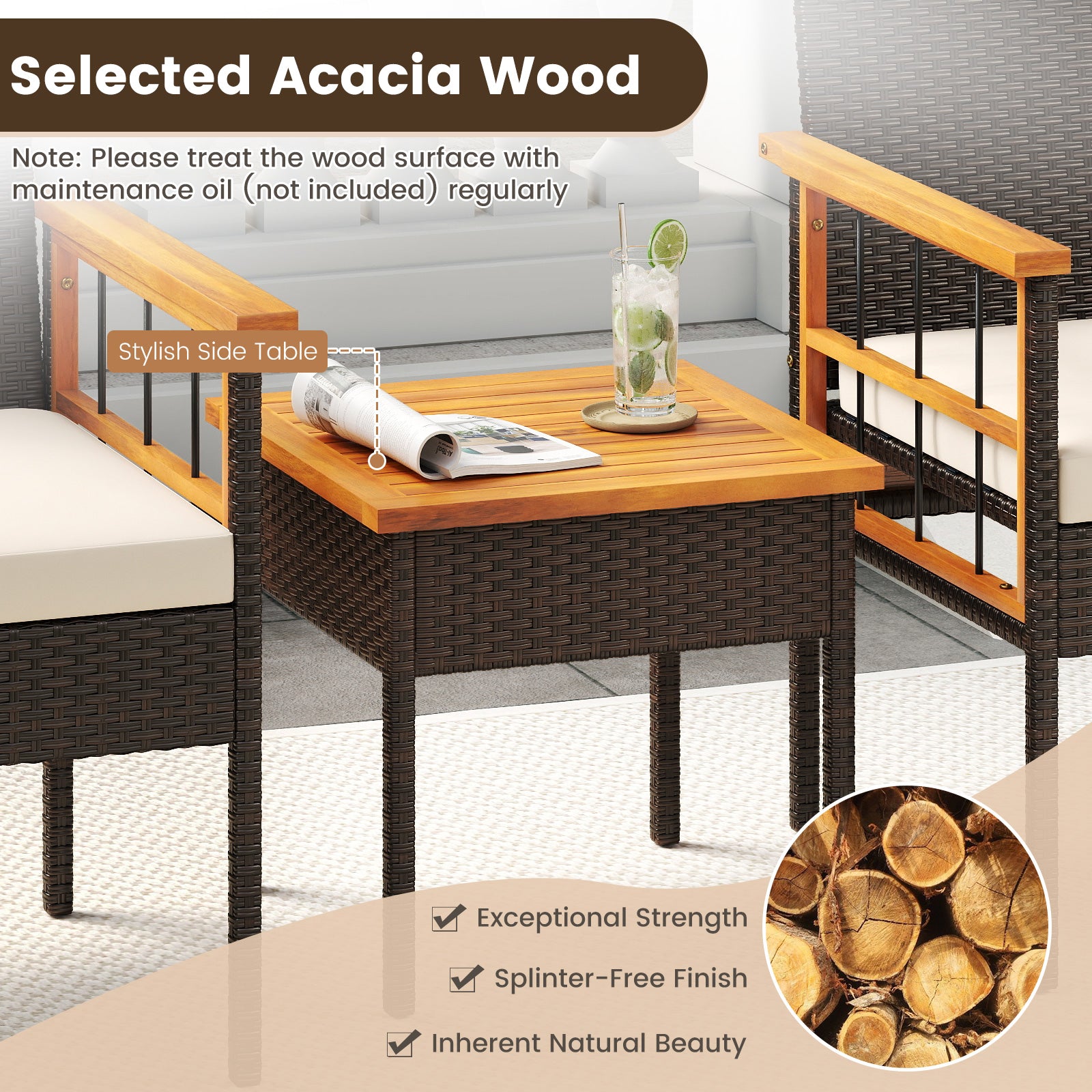 3 Piece Wicker Furniture Set, Acacia Wood Tabletop, White Patio Conversation Sets at Gallery Canada