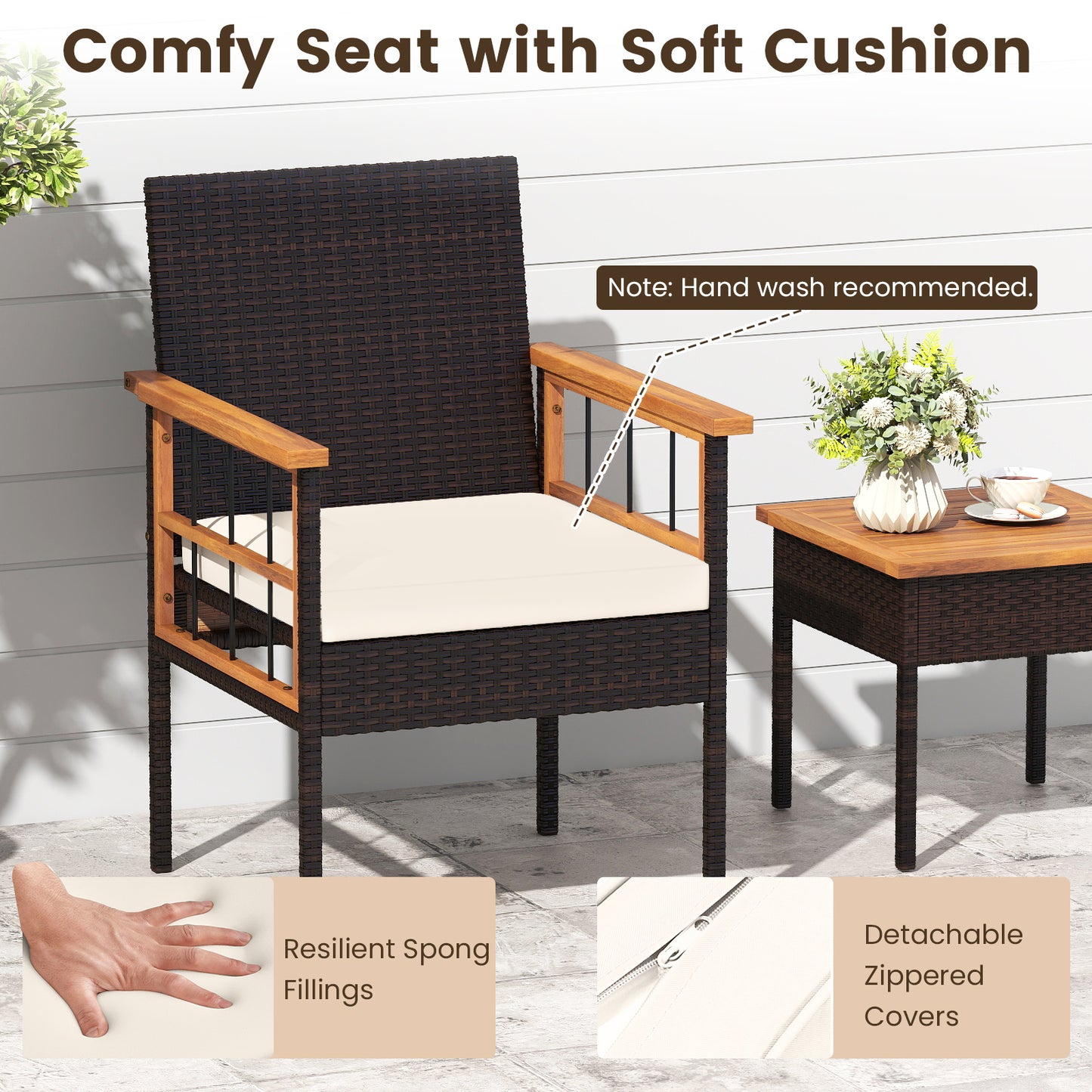 3 Piece Wicker Furniture Set, Acacia Wood Tabletop, White Patio Conversation Sets at Gallery Canada