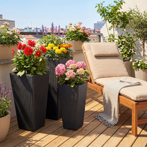 3-Piece Wicker Planters Tapered PP Rattan Plant Boxes with Plastic Flower Pots, Black