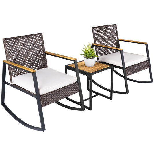 3-Piece Wicker Rocking Chair Set with Coffee Table and Cushions for Porch, Beige Patio Conversation Sets Beige at Gallery Canada