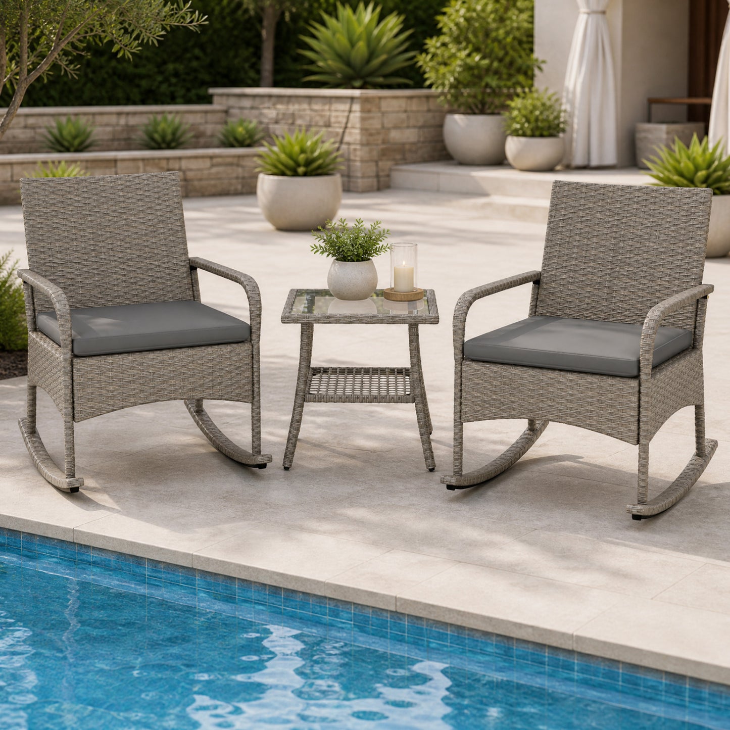 3-Piece Wicker Rocking Bistro Set With Cushions, Gray