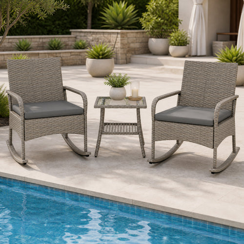 3-Piece Wicker Rocking Bistro Set With Cushions, Gray