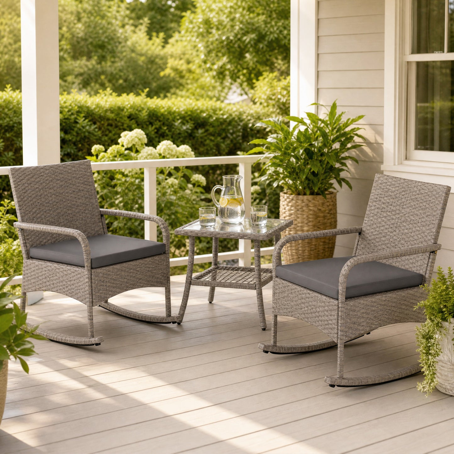 3-Piece Wicker Rocking Bistro Set With Cushions, Gray