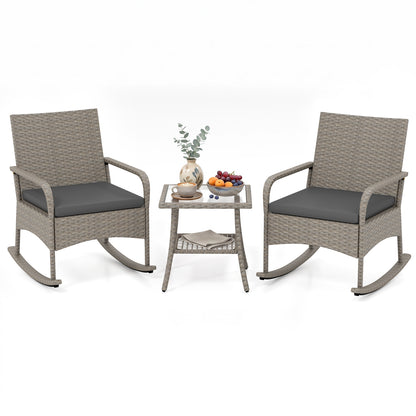 3-Piece Wicker Rocking Bistro Set With Cushions, Gray
