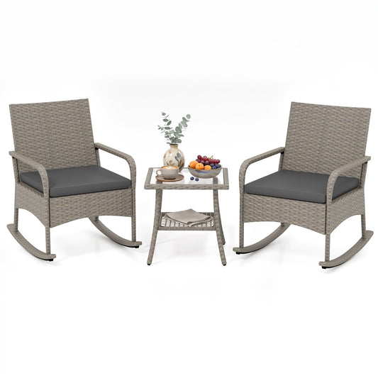 3-Piece Wicker Rocking Bistro Set With Cushions, Gray Patio Dining Sets Gray at Gallery Canada