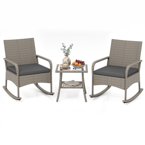 3-Piece Wicker Rocking Bistro Set With Cushions, Gray