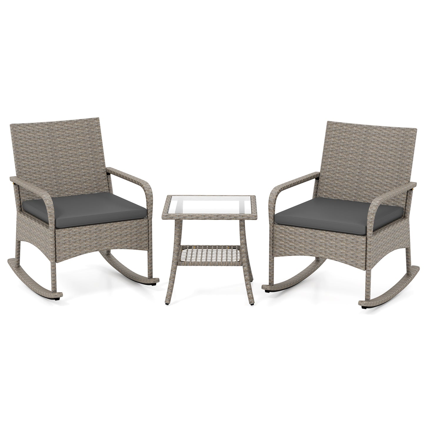 3-Piece Wicker Rocking Bistro Set With Cushions, Gray