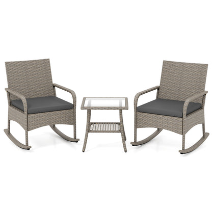 3-Piece Wicker Rocking Bistro Set With Cushions, Gray