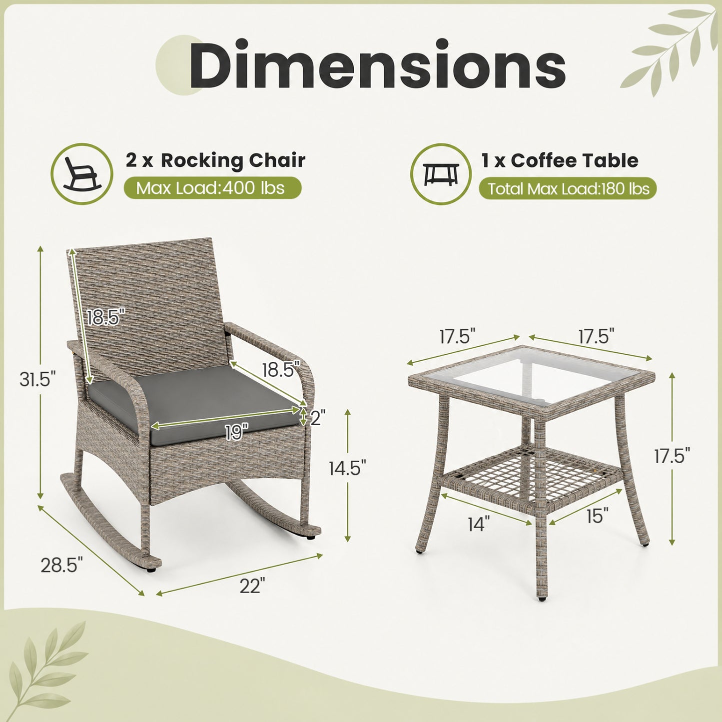 3-Piece Wicker Rocking Bistro Set With Cushions, Gray