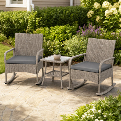 3-Piece Wicker Rocking Bistro Set With Cushions, Gray