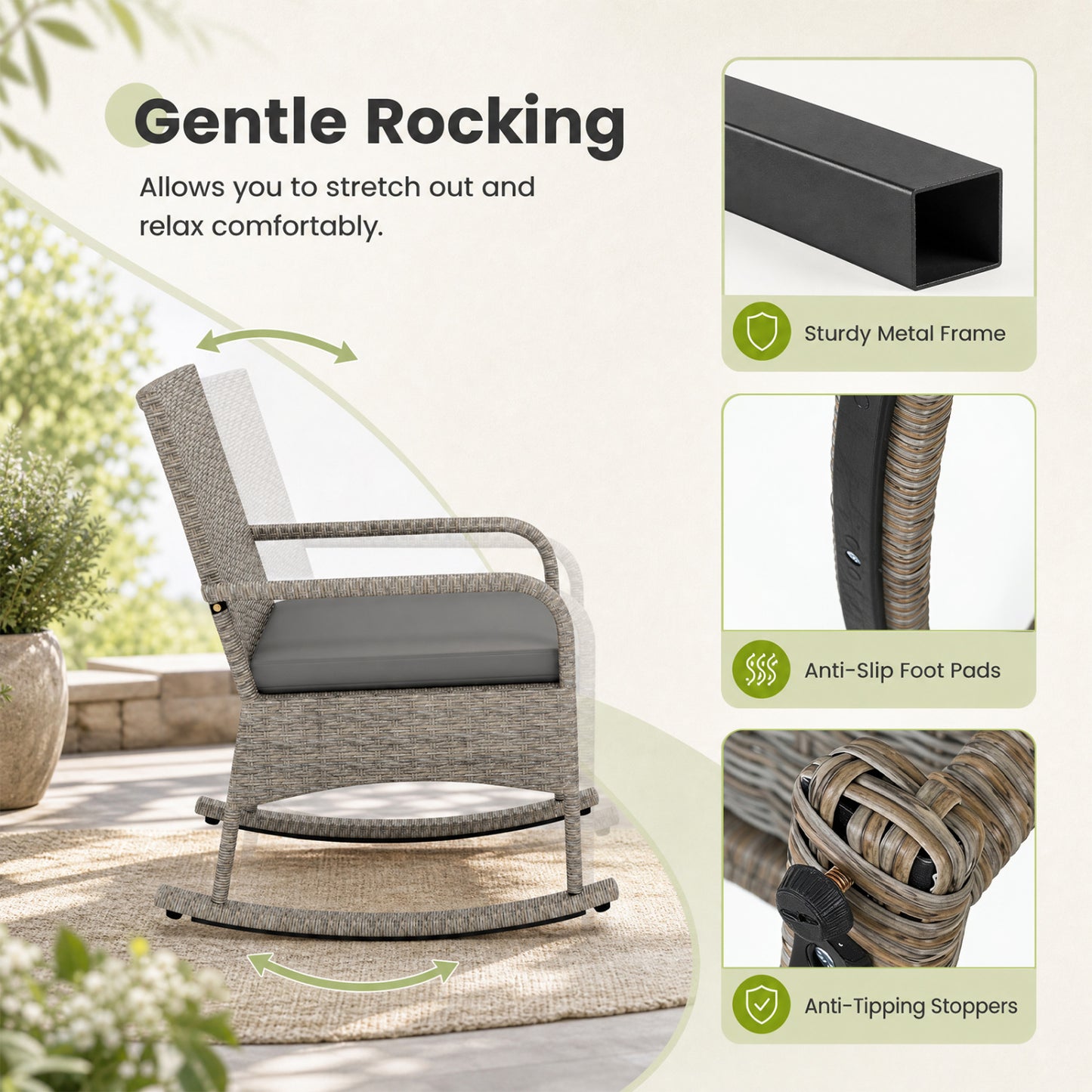 3-Piece Wicker Rocking Bistro Set With Cushions, Gray