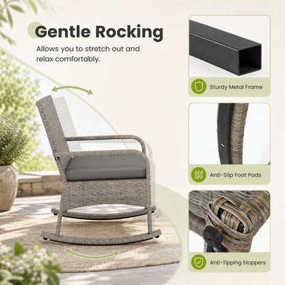 3-Piece Wicker Rocking Bistro Set With Cushions, Gray