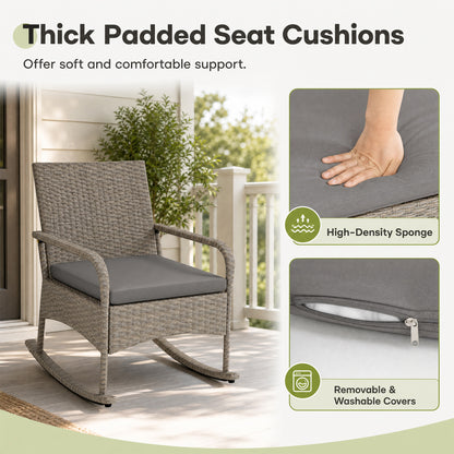 3-Piece Wicker Rocking Bistro Set With Cushions, Gray