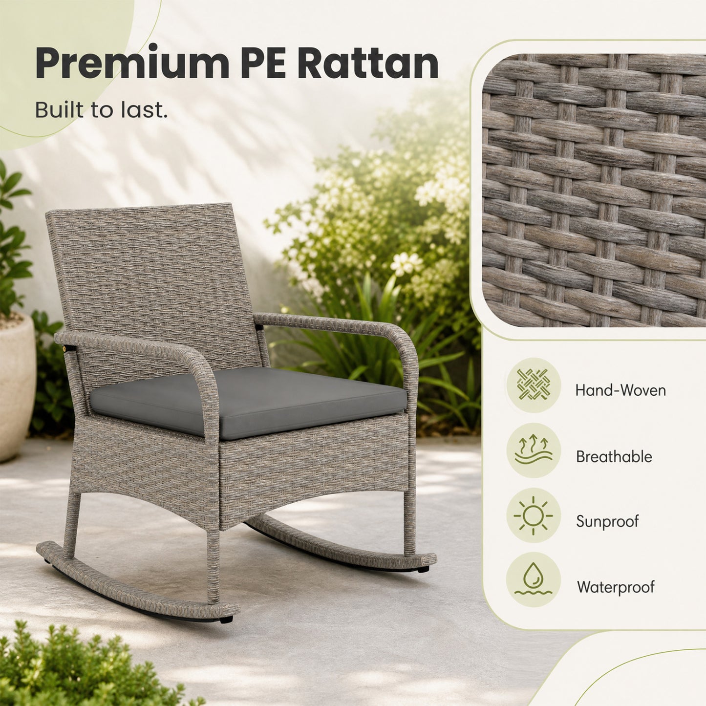 3-Piece Wicker Rocking Bistro Set With Cushions, Gray