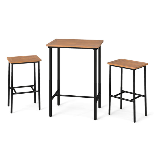 3 Pieces Acacia Wood Patio Bar Set Rectangular Table with Metal Frame, Natural & Black Patio Bar Furniture Natural & Black at Gallery Canada