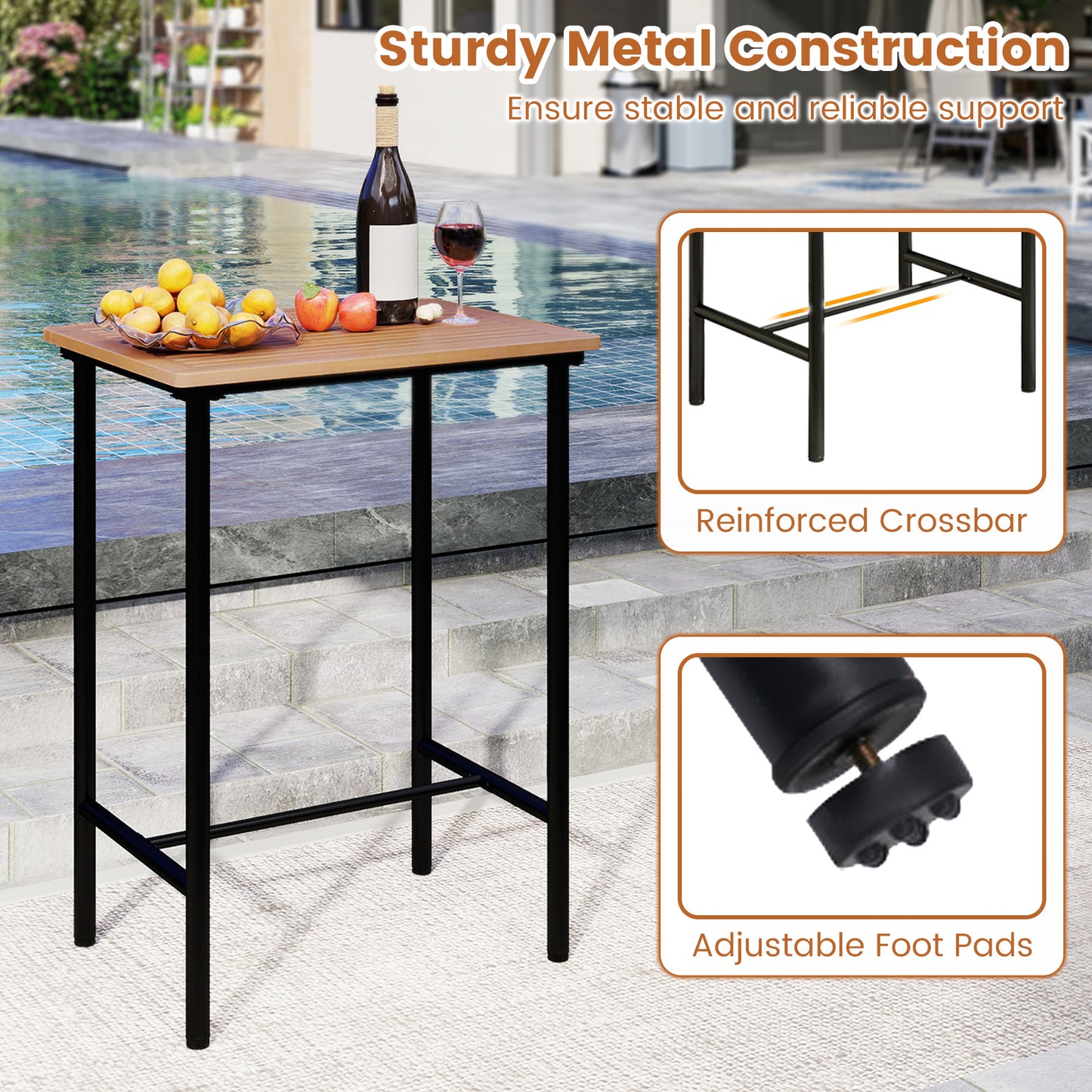 3 Pieces Acacia Wood Patio Bar Set Rectangular Table with Metal Frame, Natural & Black Patio Bar Furniture at Gallery Canada