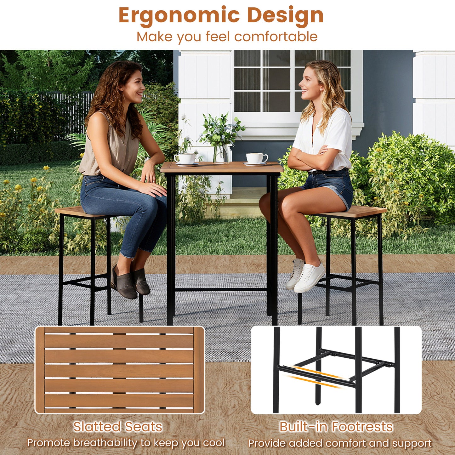 3 Pieces Acacia Wood Patio Bar Set Rectangular Table with Metal Frame, Natural & Black Patio Bar Furniture at Gallery Canada
