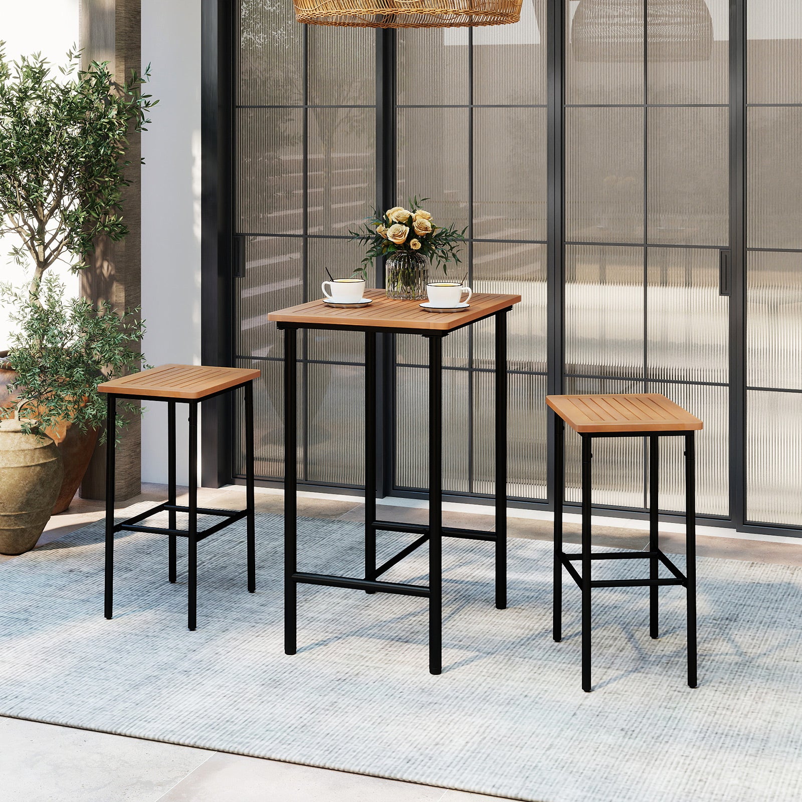 3 Pieces Acacia Wood Patio Bar Set Rectangular Table with Metal Frame, Natural & Black Patio Bar Furniture at Gallery Canada