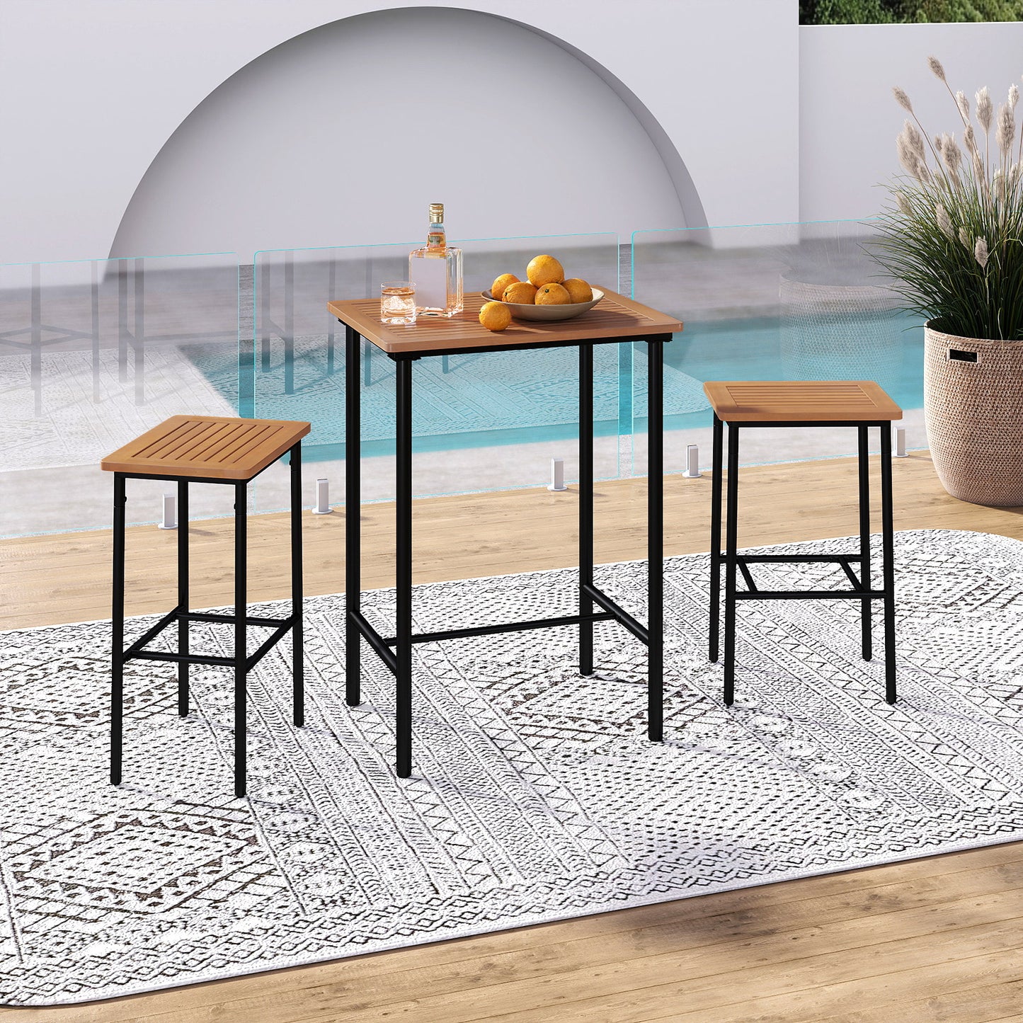 3 Pieces Acacia Wood Patio Bar Set Rectangular Table with Metal Frame, Natural & Black Patio Bar Furniture at Gallery Canada