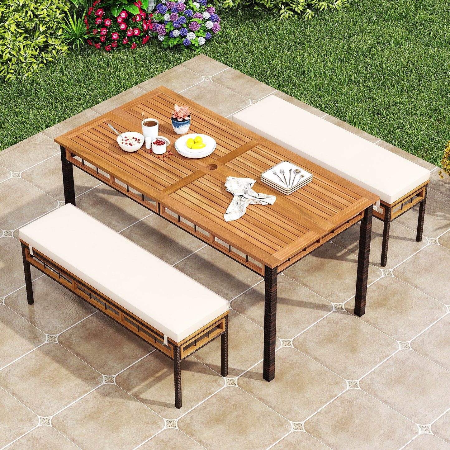 3 Pieces Acacia Wood Patio Dining Set for Deck and Backyard