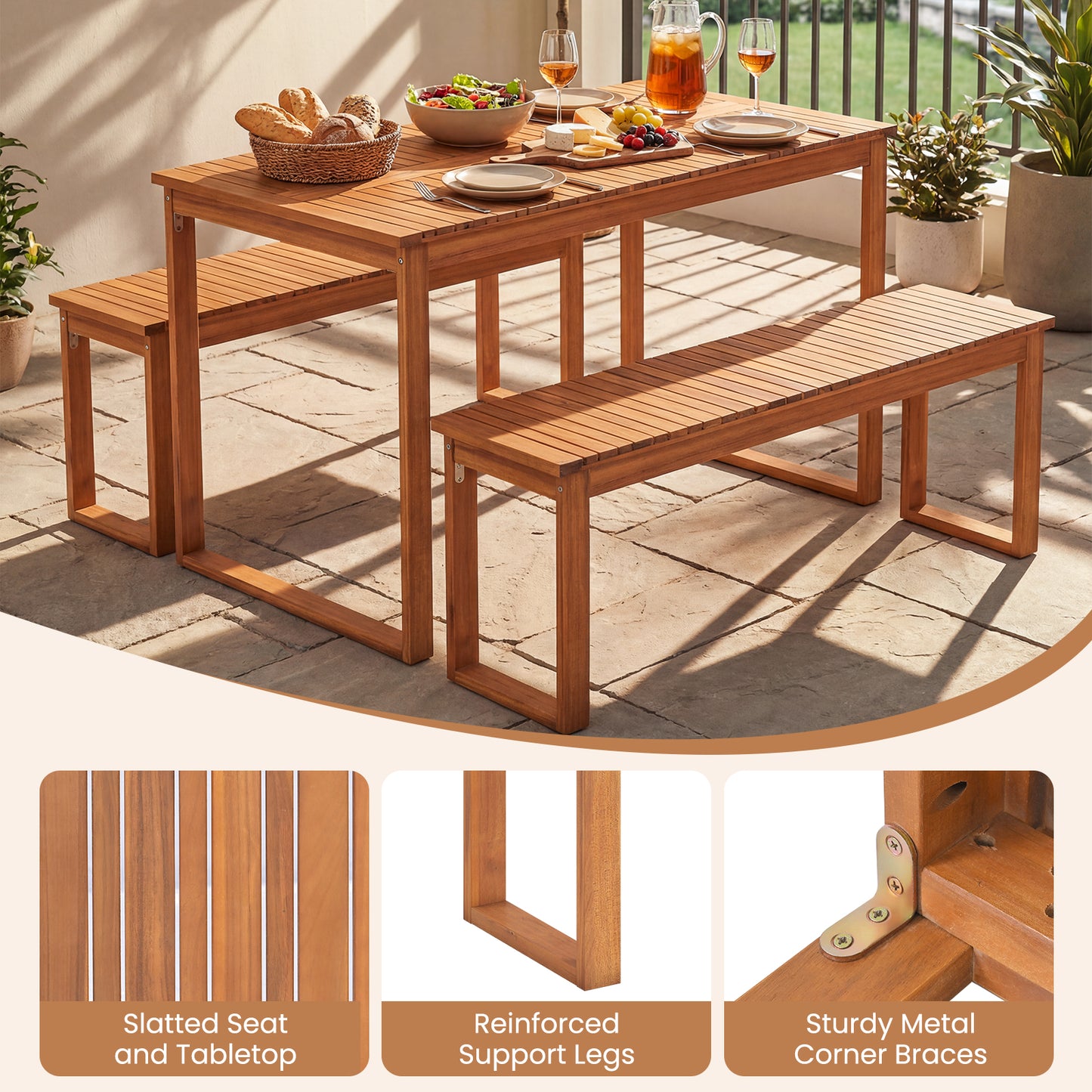 3 Pieces Acacia Wood Picnic Set with Outdoor Dining Table and 2 Benches for 4 People Patio Dining Sets at Gallery Canada