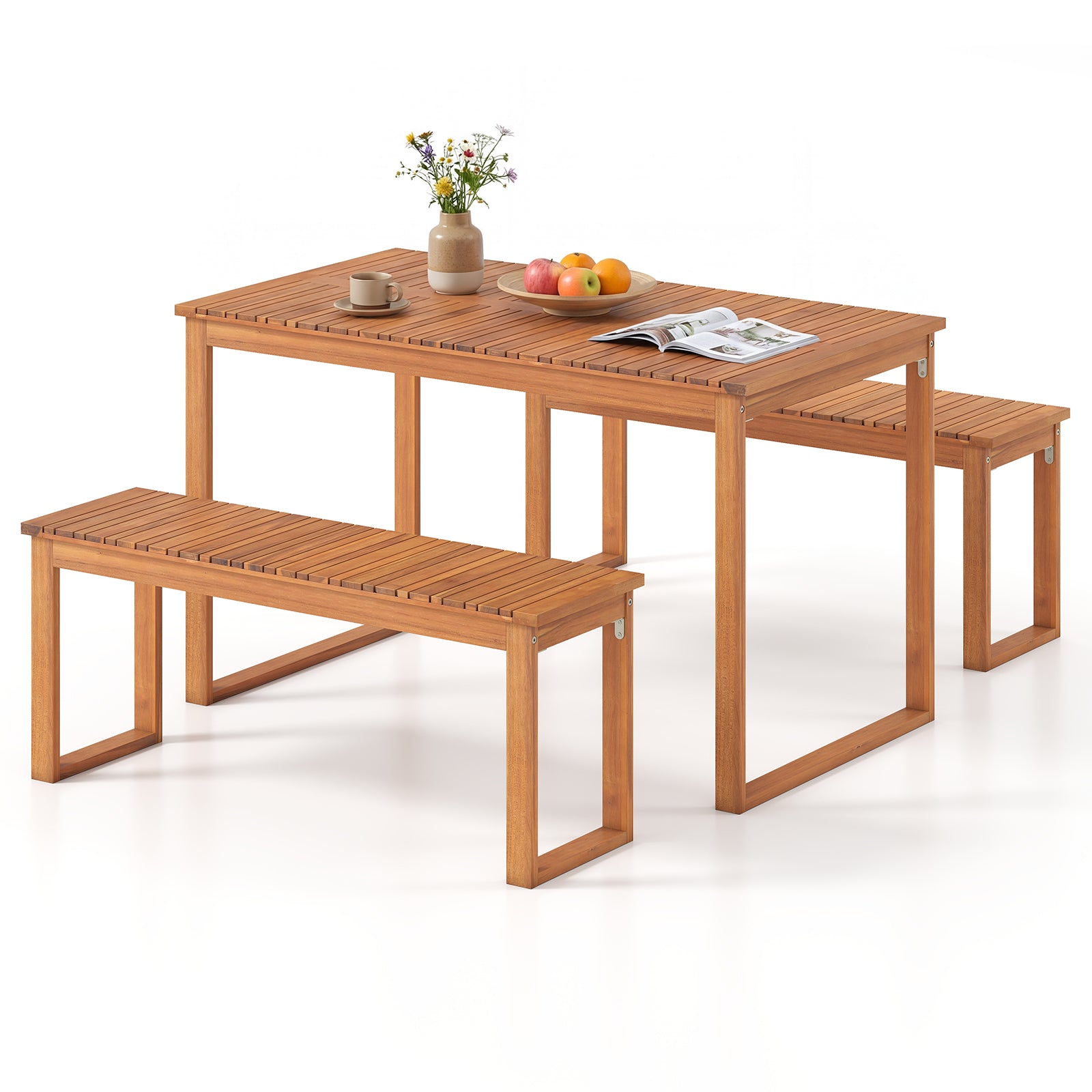 3 Pieces Acacia Wood Picnic Set with Outdoor Dining Table and 2 Benches for 4 People Patio Dining Sets at Gallery Canada